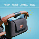 Primo Passi Nero Stroller Organizer with brown detailing, featuring a magnetic closure and a pocket for a phone.