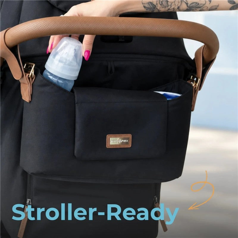 Primo Passi Nero Stroller Organizer designed as a 2-in-1 organizer and shoulder bag, featuring a zippered pocket and a bottle holder.
