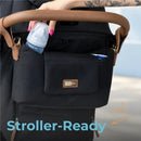 Primo Passi Nero Stroller Organizer designed as a 2-in-1 organizer and shoulder bag, featuring a zippered pocket and a bottle holder.