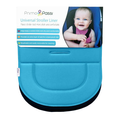 Primo Passi Universal Stroller Liner in blue, designed for comfort with features for breathability and easy cleaning.