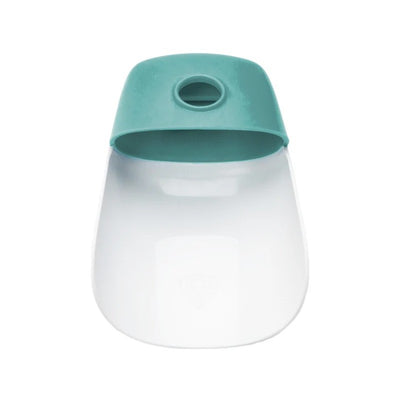 Faucet extender with a teal top and clear body, designed to make it easier for children to reach water.