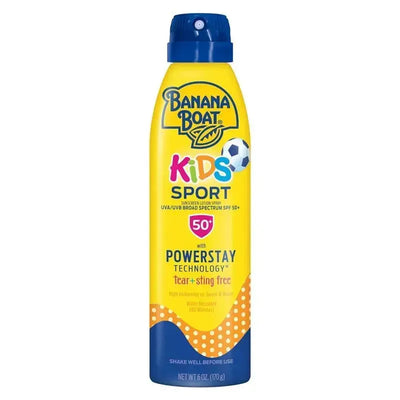 Banana Boat Kids Sport Sunscreen Spray Lotion SPF 50, 6oz, featuring yellow packaging, soccer graphic, and tear-free formula.