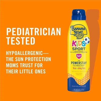 Banana Boat Kids Sport Sunscreen Spray Lotion SPF 50, 6oz, hypoallergenic, pediatrician tested, with Powerstay technology.