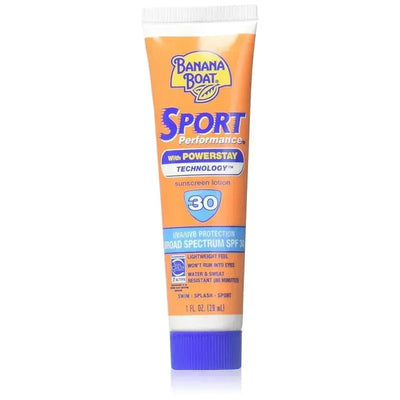 Banana Boat Sport Performance Sunscreen Lotion, 1 oz, SPF 30, features Powerstay Technology for water and sweat resistance.