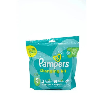 Pampers Cruisers Changing Kit featuring 2 diapers and 6 wipes in a teal package with a coupon offer.