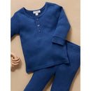 Baby boy rib leggings and matching long-sleeve top in a deep blue color with button detailing.