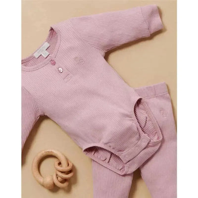 Baby girl rib long sleeve henley bodysuit in lavender, featuring a buttoned neck and bottom snaps, paired with matching pants.