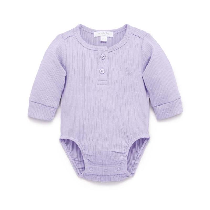 Pure Baby - Baby Girl Rib Long Sleeve Henley Bodysuit, Lilac Image 1