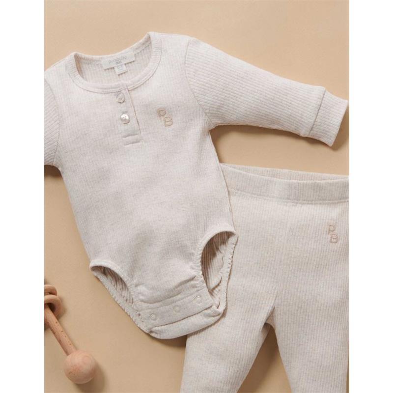 Pure Baby - Baby Neutral Rib Long Sleeve Henley Bodysuit, Wheat Melange Image 2