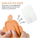 Removable pop-out ice pack with orange container design, designed to keep baby food fresh.