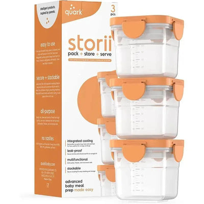 3-pack of Quark Storrii baby food containers with orange lids, 5 oz each, featuring a stackable design and leak-proof seals.