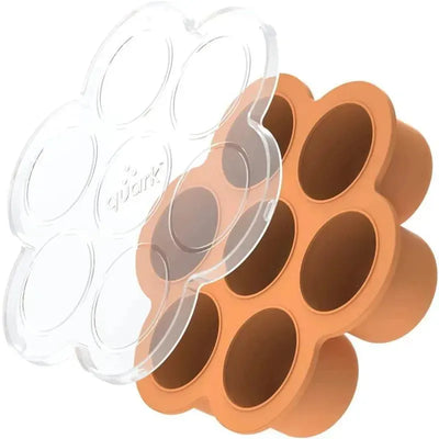 Silicone baby food freezer tray with a clear lid, featuring six compartments for portioning food.
