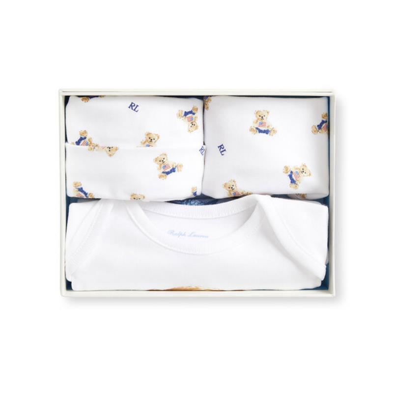 Ralph Lauren Baby 3Pk Box Set Long-Sleeve Interlock Novelty Bear Graphic Bodysuit, Hat, Bib, 9M Image 2