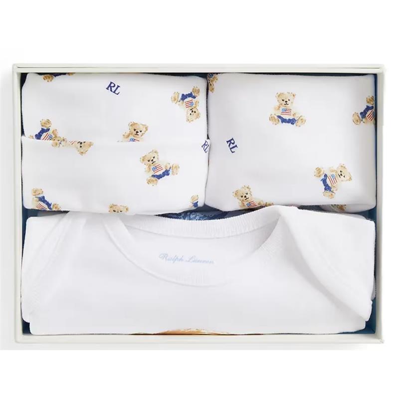 Ralph Lauren Baby - 3Pk Long-Sleeve Interlock Novelty Bear Graphic Bodysuit, Hat, Bib Mult Image 2