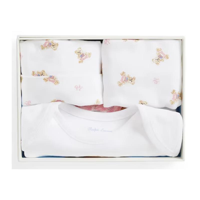 Ralph Lauren Baby - 3Pk Long-Sleeve Interlock Novelty Bear Graphic Bodysuit, Hat & Bib  Image 2