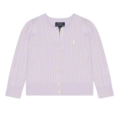 Ralph Lauren Baby Cable-Knit Cotton Cardigan in Flower Purple with ribbed cuffs and button closure.