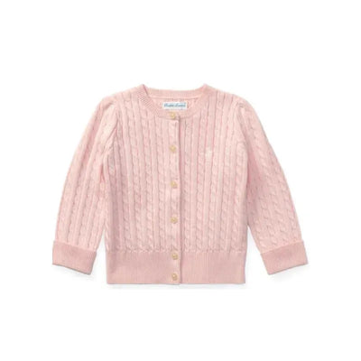 Cable-knit cotton cardigan in hint of pink, featuring a round neckline and button closure.