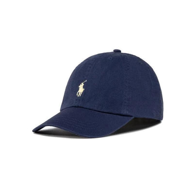 Navy blue baby hat by Ralph Lauren with a white polo logo, designed for sun protection and style.