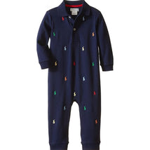 Ralph Lauren baby coverall in refined navy with colorful embroidered polo logos and long sleeves.