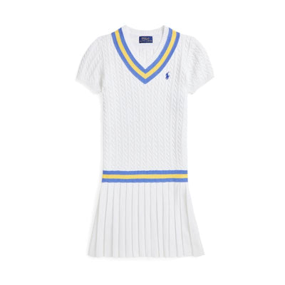 Short-sleeve white mini dress with cable knit pattern, blue and yellow striped v-neck and pleated skirt, by Ralph Lauren.