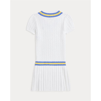 Short-sleeve white mini cable knit cricket dress with blue and yellow striped collar and waistband.