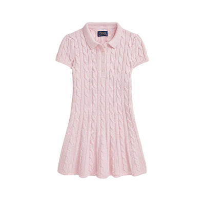 Short sleeve cotton cable dress in pink with a collar and button placket from Ralph Lauren Baby for girls.