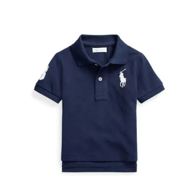Baby knit polo shirt in French navy, featuring a white embroidered logo on the chest and short sleeves.