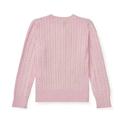 Long-sleeve pink cashmere cable knit cardigan sweater by Ralph Lauren for babies, showcasing a textured design.