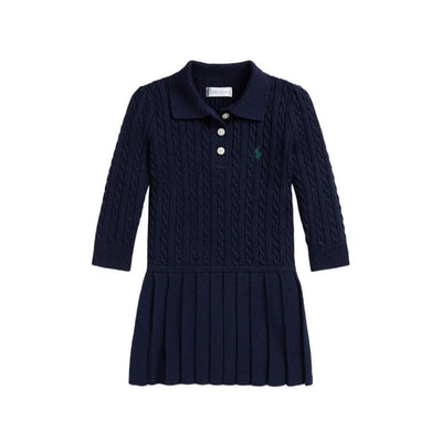 Long-sleeve navy polo dress for babies, featuring a cable knit design, three buttons, and a pleated skirt.