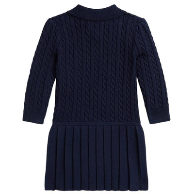 Long-sleeve navy combed cotton polo dress for babies, featuring a mini cable knit design and pleated skirt.