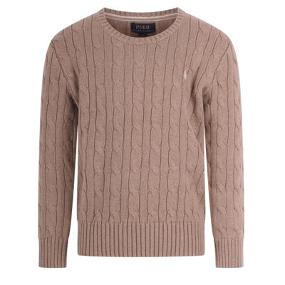 Ralph Lauren Baby Long-Sleeve Cotton Cable-Knit Crewneck Sweater, Camel Heather Image 1
