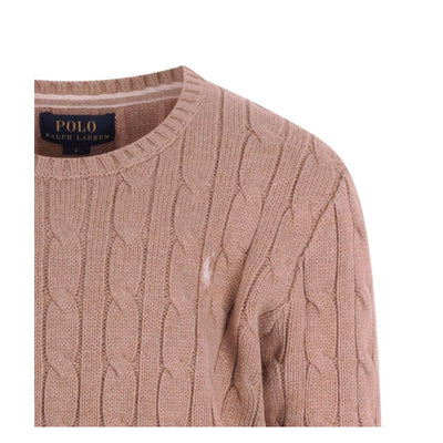 Cable-knit crewneck sweater in camel heather by Ralph Lauren Baby, featuring texture and a small logo on the front.