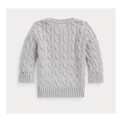 Long-sleeve gray cotton cable-knit crewneck sweater for babies with ribbed cuffs and hem.