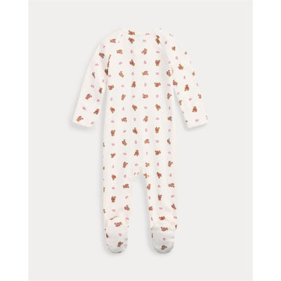Long-sleeve white cotton coverall with novelty bear print and floral accents, designed for babies.
