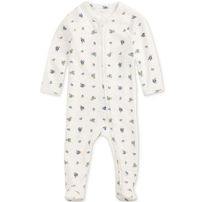 Long-sleeve white cotton zip coverall for babies, featuring novelty bear prints in blue and yellow.