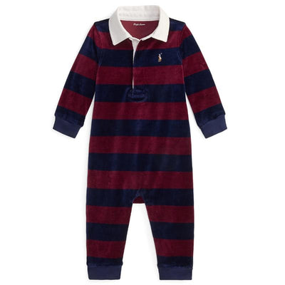 Ralph Lauren Baby - Long-Sleeve Cotton Poly Velour Striped Rugby Coverall, Wine/Navy Image 1