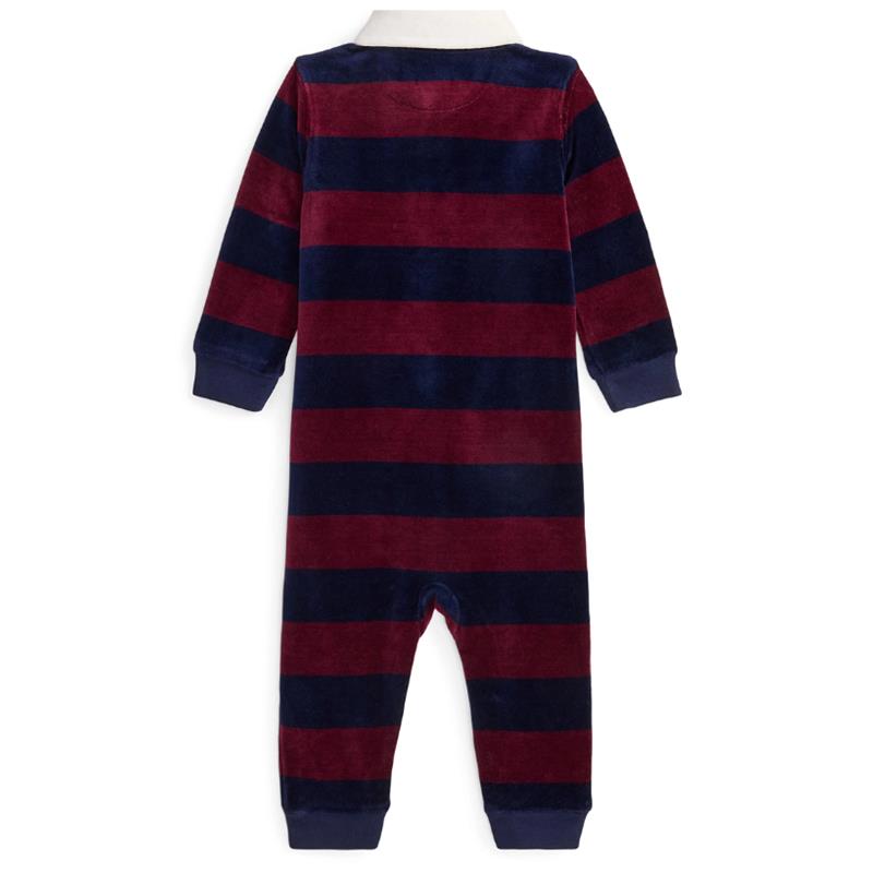 Ralph Lauren Baby - Long-Sleeve Cotton Poly Velour Striped Rugby Coverall, Wine/Navy Image 2