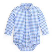 Ralph Lauren Baby Long-Sleeve Stretch Poplin Plaid Bodysuit, Blue/White Image 1