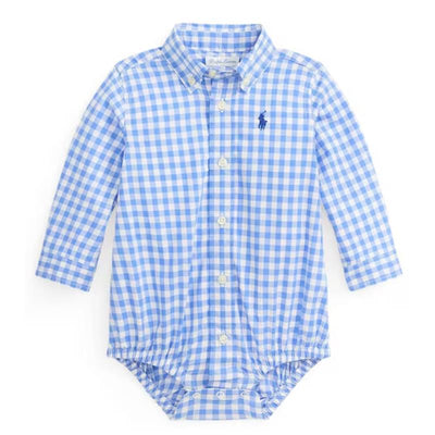 Ralph Lauren Baby Long-Sleeve Stretch Poplin Plaid Bodysuit, Blue/White Image 1