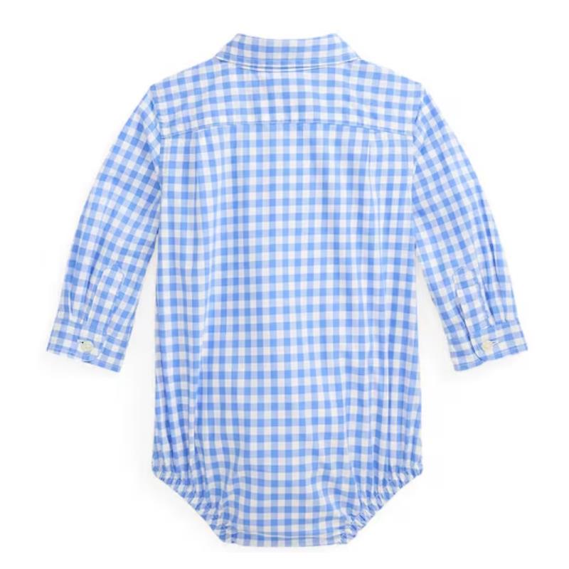 Ralph Lauren Baby Long-Sleeve Stretch Poplin Plaid Bodysuit, Blue/White Image 2