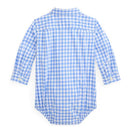 Ralph Lauren Baby Long-Sleeve Stretch Poplin Plaid Bodysuit, Blue/White Image 2