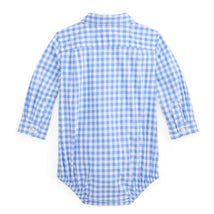 Ralph Lauren Baby Long-Sleeve Stretch Poplin Plaid Bodysuit, Blue/White Image 2