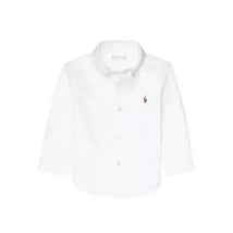 White long sleeve Oxford shirt for babies by Ralph Lauren, featuring a small embroidered logo on the chest.