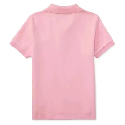 Short-sleeve basic mesh polo in Carmel Pink, featuring a classic collar and rolled sleeves.