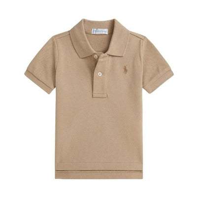 Short-sleeve khaki mesh polo shirt for babies by Ralph Lauren, featuring a three-button placket and logo embroidery.