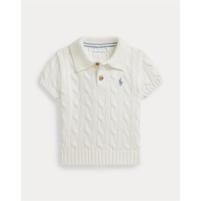 Short-sleeve cotton cable-knit polo in Deckwash White with a collared neckline and wooden buttons, featuring the Ralph Lauren logo.