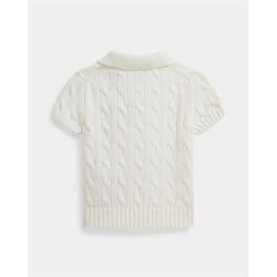Short-sleeve cotton polo for babies in Deckwash White, featuring a cable-knit design and ribbed collar and hem.