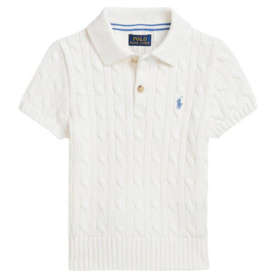 Short-sleeve cotton polo shirt for babies in Deckwash White, featuring cable-knit design and blue logo on the chest.
