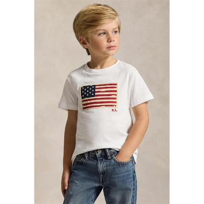 Ralph Lauren Baby Short-Sleeve Cotton Knit Flag T-Shirt, White Image 2