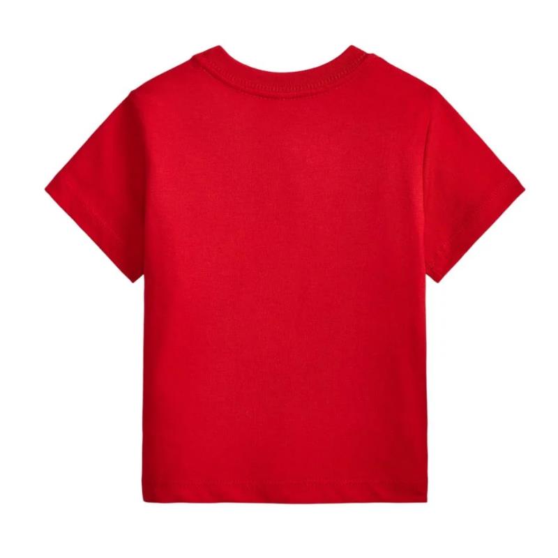 Red short-sleeve crew neck T-shirt for babies, featuring a smooth jersey knit fabric, plain back.